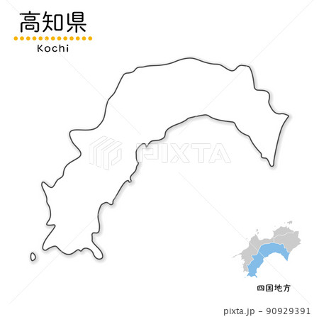 高知県の単純化したかわいい地図、地方と場所