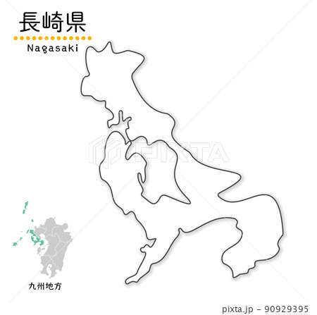 長崎県の単純化したかわいい地図、地方と場所