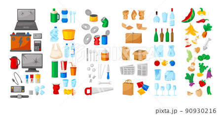 Garbage objects. Rubbish sorting. Plastic, metal and organic landfill symbol. Household waste classification for litter utilization and ecological litter reuse. Trash disposal and recycle vector set Garbage objects. Rubbish sorting. Plastic, metal and organic landfill symbol. Household waste classification for litter utilization and ecological litter reuse. Trash disposal and recycle vector set 90930216