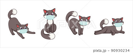 Cat in mask. Cute doodle kitten in fabric face medical respirator. Disease safety icons. Cartoon pets poses set. Covid-19 pandemic prevention. Animals health care. Vector graphic corona virus logo Cat in mask. Cute doodle kitten in fabric face medical respirator. Disease safety icons. Cartoon pets poses set. Covid-19 pandemic prevention. Animals health care. Vector graphic corona virus logo 90930234