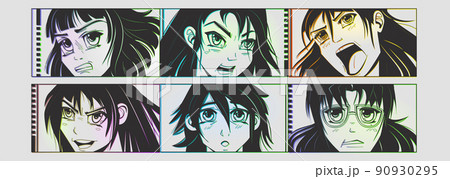 Japanese anime characters. Cartoon japan manga girls, comic face characters with cute kawaii eyes, beauty female in black sketch style, young women portraits different emotions. Vector drawing set Japanese anime characters. Cartoon japan manga girls, comic face characters with cute kawaii eyes, beauty female in black sketch style, young women portraits different emotions. Vector drawing set 90930295