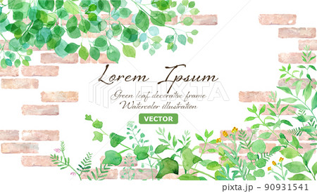 グリーンの草花と、枝葉の水彩イラスト。レンガ装飾フレーム。 (ベクター。レイアウト変更可能) グリーンの草花と、枝葉の水彩イラスト。レンガ装飾フレーム。 (ベクター。レイアウト変更可能) 90931541
