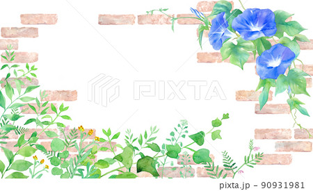 レンガの壁を背景にしたグリーンの草花と、アサガオの水彩イラスト。装飾フレーム。 90931981