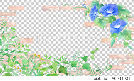 レンガの壁を背景にしたグリーンの草花と、アサガオの水彩イラスト。装飾フレーム。 90931981