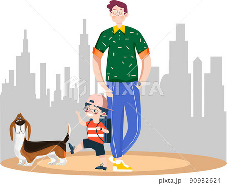 Father and son walking on the street Father and son walking on the street 90932624