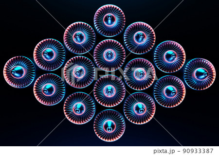 3D rendering future engine rocket turbine technology under blue and purple light. Futuristic part of a spacecraft turbine 3D rendering future engine rocket turbine technology under blue and purple light. Futuristic part of a spacecraft turbine 90933387