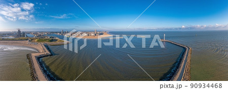 Drone panorama over the harbor and skyline of the Belgian city of Oostende 90934468