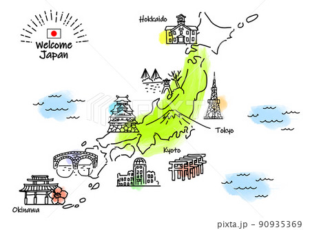 手描きの日本地図と観光地のシンプル線画イラスト 90935369