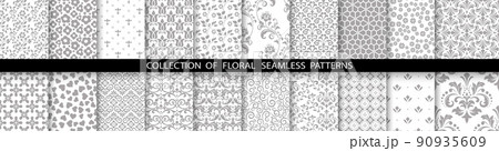 Geometric floral set of seamless patterns. White and gray vector backgrounds. Simple illustrations 90935609