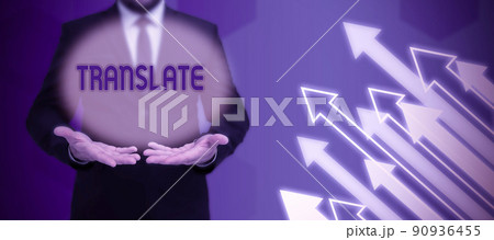 Conceptual caption Translate. Business concept Another word with same equivalent meaning of a target language Businessman in suit holding notepad symbolizing successful teamwork. 90936455
