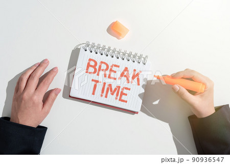 Text caption presenting Break Time. Word Written on Period of rest or recreation after doing of certain work Lady in suit holding pen symbolizing successful teamwork accomplishments. Text caption presenting Break Time. Word Written on Period of rest or recreation after doing of certain work Lady in suit holding pen symbolizing successful teamwork accomplishments. 90936547