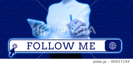 Text showing inspiration Follow Me. Concept meaning Inviting a person or group to obey your prefered leadership Lady in suit holding pen symbolizing successful teamwork accomplishments. Text showing inspiration Follow Me. Concept meaning Inviting a person or group to obey your prefered leadership Lady in suit holding pen symbolizing successful teamwork accomplishments. 90937194