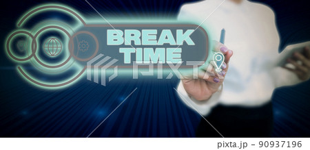Hand writing sign Break Time. Word for Period of rest or recreation after doing of certain work Lady in suit holding pen symbolizing successful teamwork accomplishments. Hand writing sign Break Time. Word for Period of rest or recreation after doing of certain work Lady in suit holding pen symbolizing successful teamwork accomplishments. 90937196