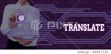 Text sign showing Translate. Word Written on Another word with same equivalent meaning of a target language Lady in suit holding pen symbolizing successful teamwork accomplishments. Text sign showing Translate. Word Written on Another word with same equivalent meaning of a target language Lady in suit holding pen symbolizing successful teamwork accomplishments. 90937220