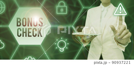 Inspiration showing sign Bonus Check. Word for something in addition to what is expected or strictly due Businessman in suit holding open palm symbolizing successful teamwork. Inspiration showing sign Bonus Check. Word for something in addition to what is expected or strictly due Businessman in suit holding open palm symbolizing successful teamwork. 90937221
