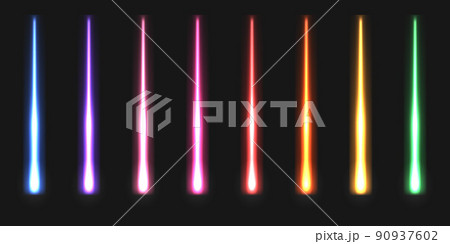 Neon glowing sticks, colorful laser beams, rainbow iridescent spectrum. Light  thunder bolt effect, fluorescent electric shiny flash explosion. Isolated line rays. Vector illustration. 90937602