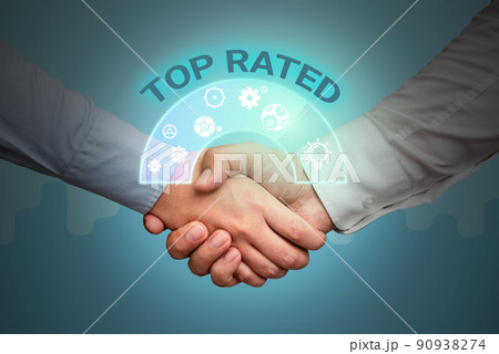 Conceptual display Top Rated. Internet Concept The high amount of a charge or payment based on calculation Hands shaking presenting innovative plan ideas symbolizing teamwork. 90938274