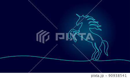 One line horse unicorn riding. Continuous line art decoration magical horn drawing fairy myth fantasy background vector illustration 90938541