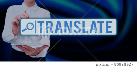 Text caption presenting Translate. Conceptual photo Another word with same equivalent meaning of a target language Lady in suit holding pen symbolizing successful teamwork accomplishments. Text caption presenting Translate. Conceptual photo Another word with same equivalent meaning of a target language Lady in suit holding pen symbolizing successful teamwork accomplishments. 90938927