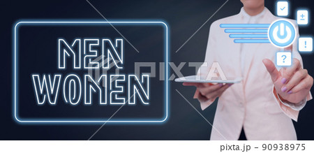 Text caption presenting Men Women. Business approach The state where in a boy or a girl turns to be a mature adult Lady in suit holding pen symbolizing successful teamwork accomplishments. 90938975