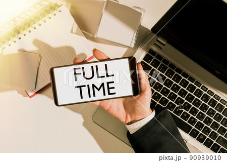 Inspiration showing sign Full Time. Internet Concept working or operating the customary number of hours in a day Hand Using Big Tablet Searching Plans For New Amazing Ideas 90939010