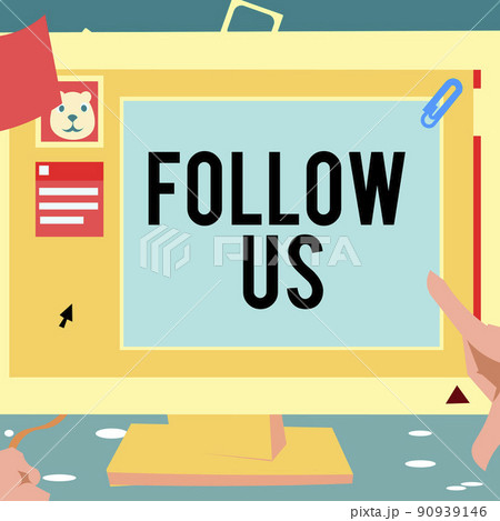Text sign showing Follow Us. Business overview To invite a person or group to join his company and take rules Hand Touching Desktop Inside Web Browser Showing Recent Technology. 90939146