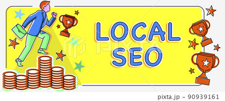 Hand writing sign Local Seo. Business approach This is an effective way of marketing your business online Man climbing upwards money representing project success achieving goals. Hand writing sign Local Seo. Business approach This is an effective way of marketing your business online Man climbing upwards money representing project success achieving goals. 90939161