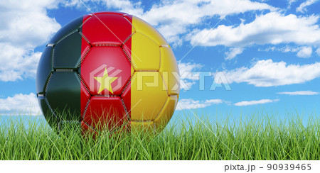 Soccer ball with Cameroonian flag on the green grass against blue sky, 3D rendering Soccer ball with Cameroonian flag on the green grass against blue sky, 3D rendering 90939465