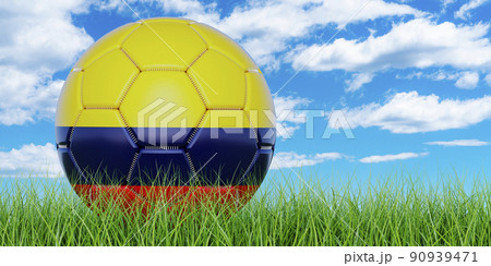 Soccer ball with Colombian flag on the green grass against blue sky, 3D rendering Soccer ball with Colombian flag on the green grass against blue sky, 3D rendering 90939471