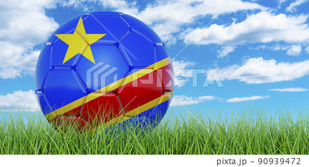 Soccer ball with Congolese Democratic Republic flag on the green grass against blue sky, 3D rendering Soccer ball with Congolese Democratic Republic flag on the green grass against blue sky, 3D rendering 90939472