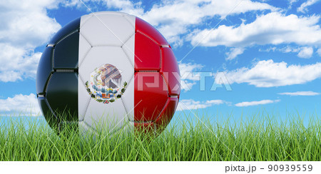 Soccer ball with Mexican flag on the green grass against blue sky, 3D rendering 90939559