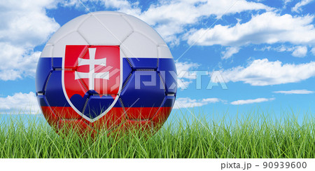 Soccer ball with Slovak flag on the green grass against blue sky, 3D rendering Soccer ball with Slovak flag on the green grass against blue sky, 3D rendering 90939600