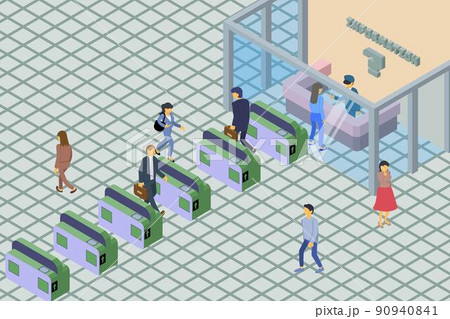人が行き交う駅の改札前の風景のアイソメトリックイラスト 90940841