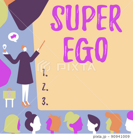 Writing displaying text Super Ego. Business concept The I or self of any person that is empowering his whole soul Lady Pointing Backdrop Presenting Newest Successfull Financial Strategies. 90941009