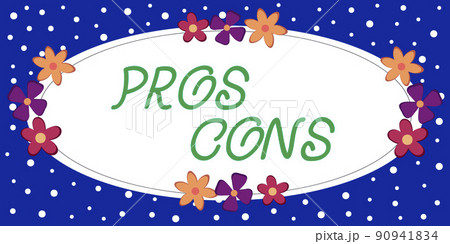 Text caption presenting Pros Cons. Business overview The favorable and unfavorable factors or reasons of person Frame Decorated With Colorful Flowers And Foliage Arranged Harmoniously. 90941834