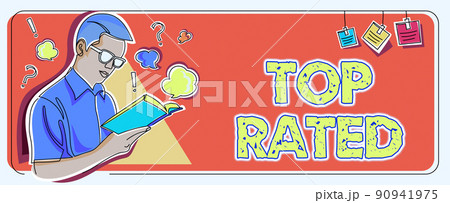 Conceptual caption Top Rated. Concept meaning The high amount of a charge or payment based on calculation Man studying book learning new business strategies to achieve goals. 90941975