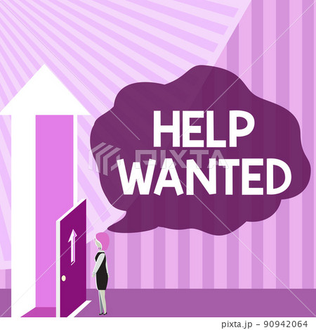 Text showing inspiration Help Wanted. Business concept advertisement placed in newspaper by employers seek employees Lady Standing Front Of Door Opening New Opportunities For Success. 90942064