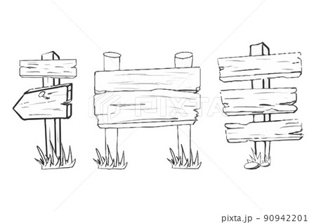 Set signpost wooden road signboard with grass in doodle style isolated on white background. Hand drawn sketch collection road signs. 90942201