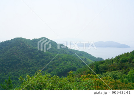 笠岡諸島最大の島・北木島　秋葉山の山上から見た初夏の八幡山と瀬戸内海2　岡山県笠岡市 90943241