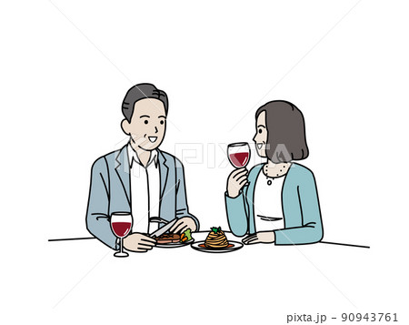 外食をする中年の夫婦　ミドル　食事　レストラン　飲食 90943761
