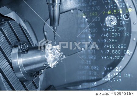 Abstract scene 5-axis machining center cutting the turbine parts parts with G-code data background . Abstract scene 5-axis machining center cutting the turbine parts parts with G-code data background . 90945167