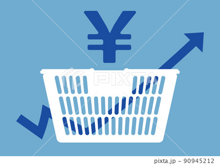 値上げラッシュをイメージした買い物カゴと矢印のイラスト 90945212