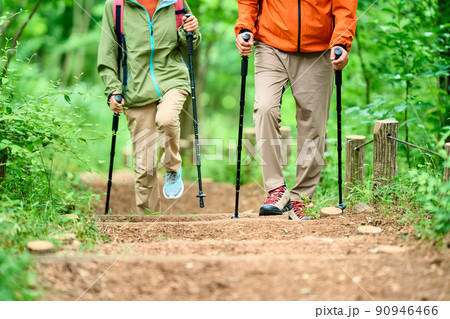 山歩きするシニア夫婦 90946466