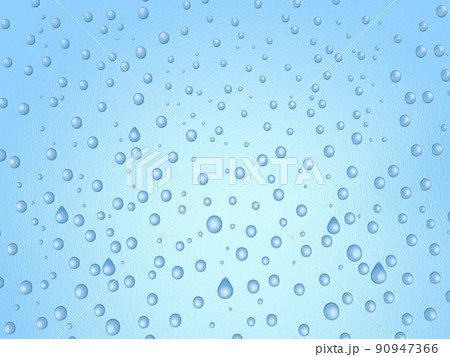 水色のプラスチック樹脂製の壁に水滴の3Dイラストレーション。無数の水滴。結露した壁。 90947366