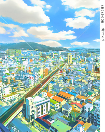 線路沿いの街の俯瞰 90947597