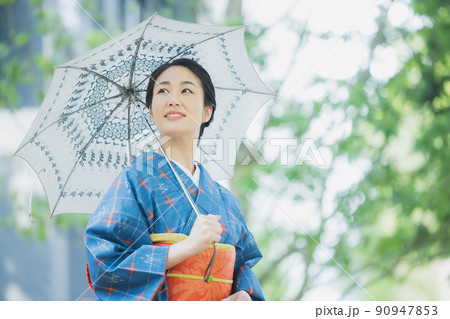 格子模様の小紋　日傘　　 90947853