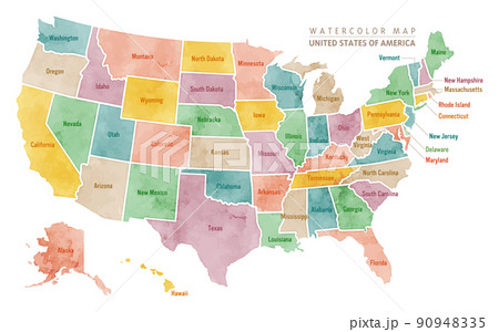 水彩タッチのアメリカ合衆国の地図：アースカラー系 90948335