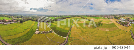 Image of beautiful Terraced rice field in water season and Irrigation from drone,Top view of rices paddy Image of beautiful Terraced rice field in water season and Irrigation from drone,Top view of rices paddy 90948944