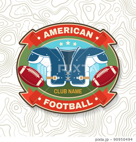 American football or rugby club embroidery patch. Vector. Concept for shirt, logo, print, stamp, tee, patch. Vintage typography design with american football ball, grass and shoulder pads silhouette 90950494
