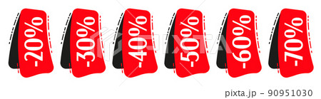 Red sale tag set. Minus 20, 30, 40, 50, 60, 70 percent off price discount. Red sale tag template collection isolated vector illustration Red sale tag set. Minus 20, 30, 40, 50, 60, 70 percent off price discount. Red sale tag template collection isolated vector illustration 90951030